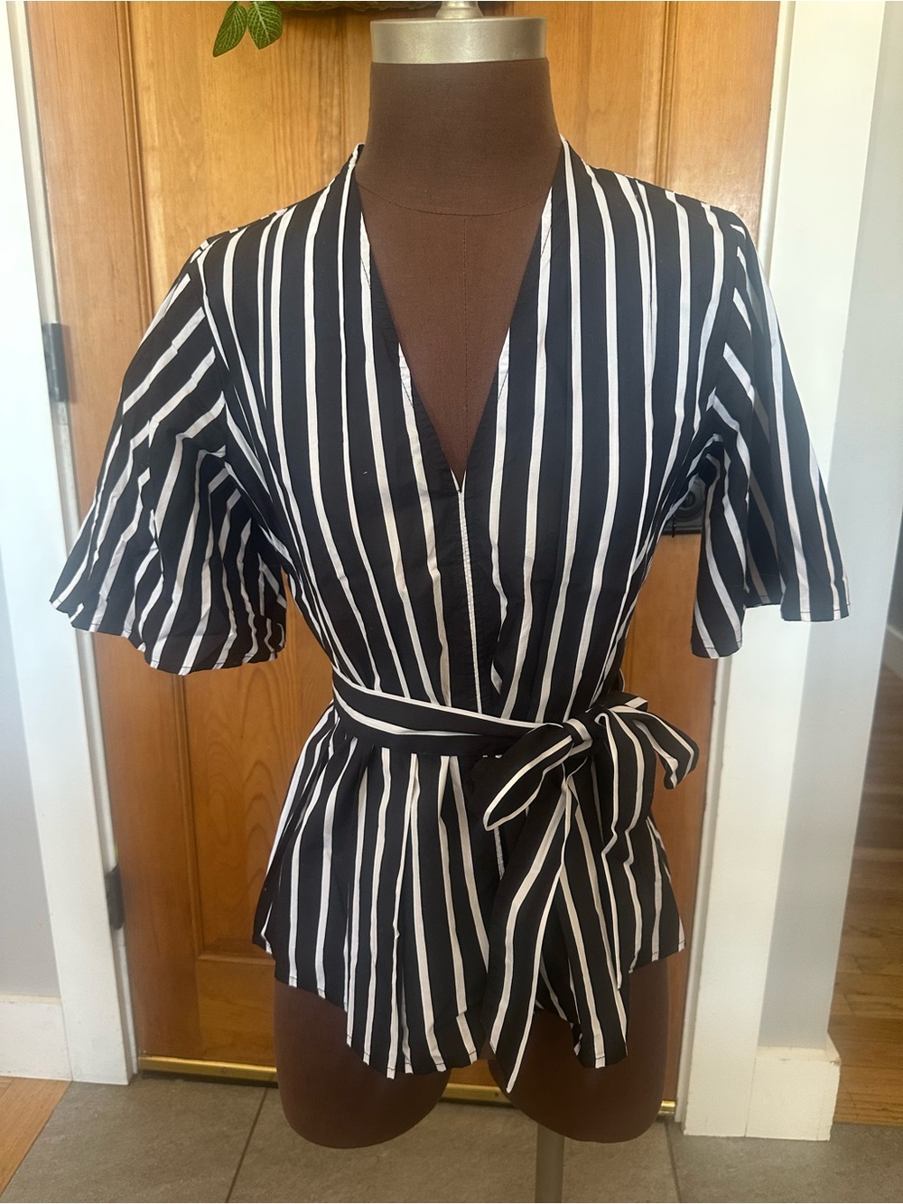 LOFT Black and White Striped Wrap Blouse